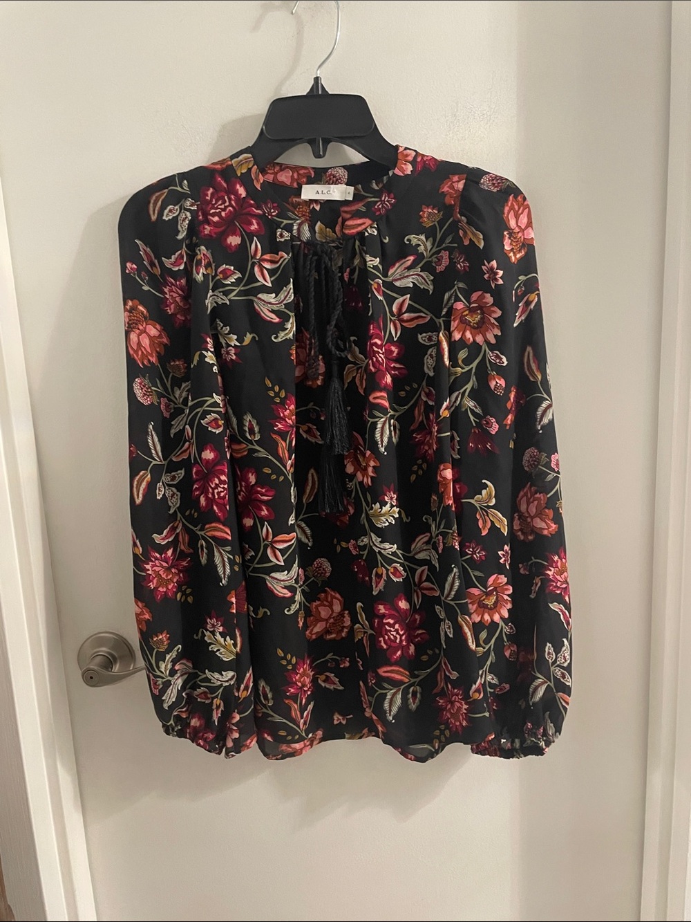 A.L.C size 4 black & multicolor silk Royan Tassel Tie Neck Floral Print Blouse